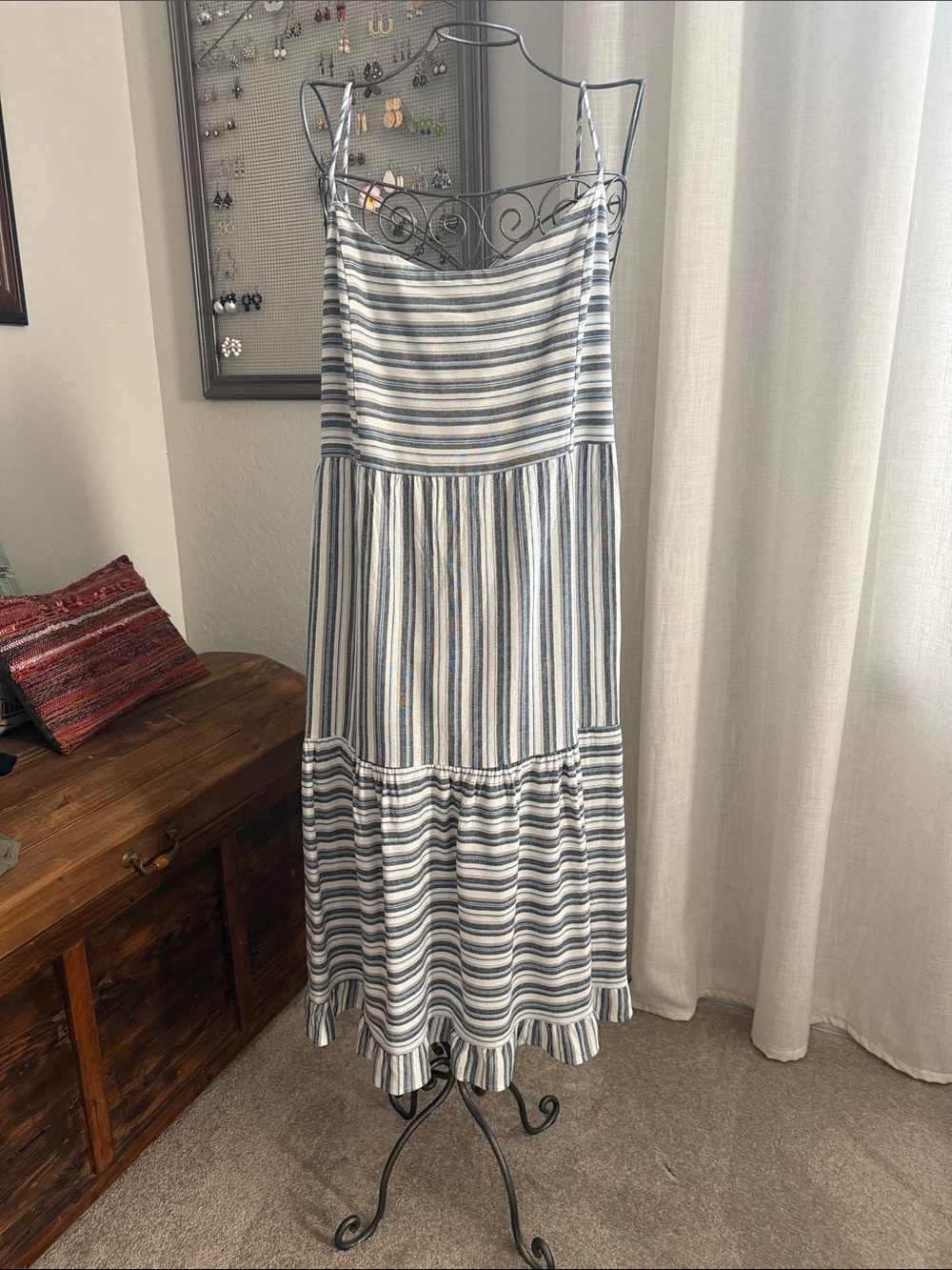 Striped Blue & White Midi Sundress with Tiered Ruffle Hem